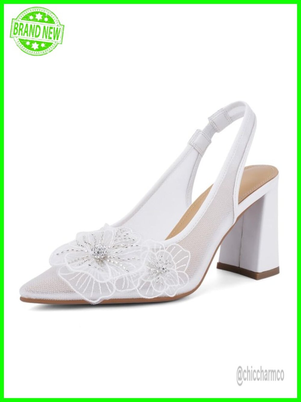 Floral Lace Mesh Slingback Block Heel Pointed Toe Pump